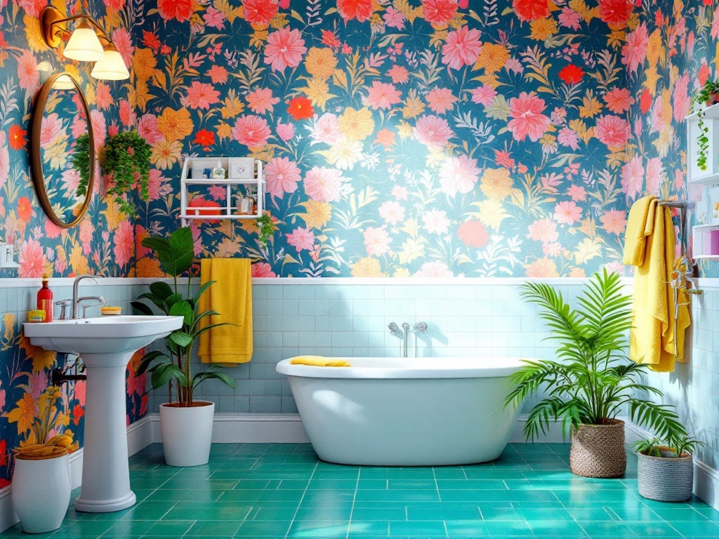 A bright bathroom with floral wallpaper featuring pink and orange flowers on a blue background, a white bathtub, green tiles, and yellow towels.