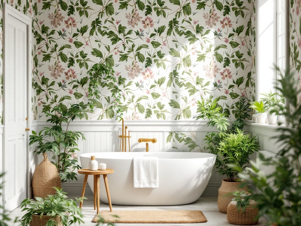 A bathroom with botanical wallpaper featuring green leaves and pink flowers, a white bathtub, and potted plants.