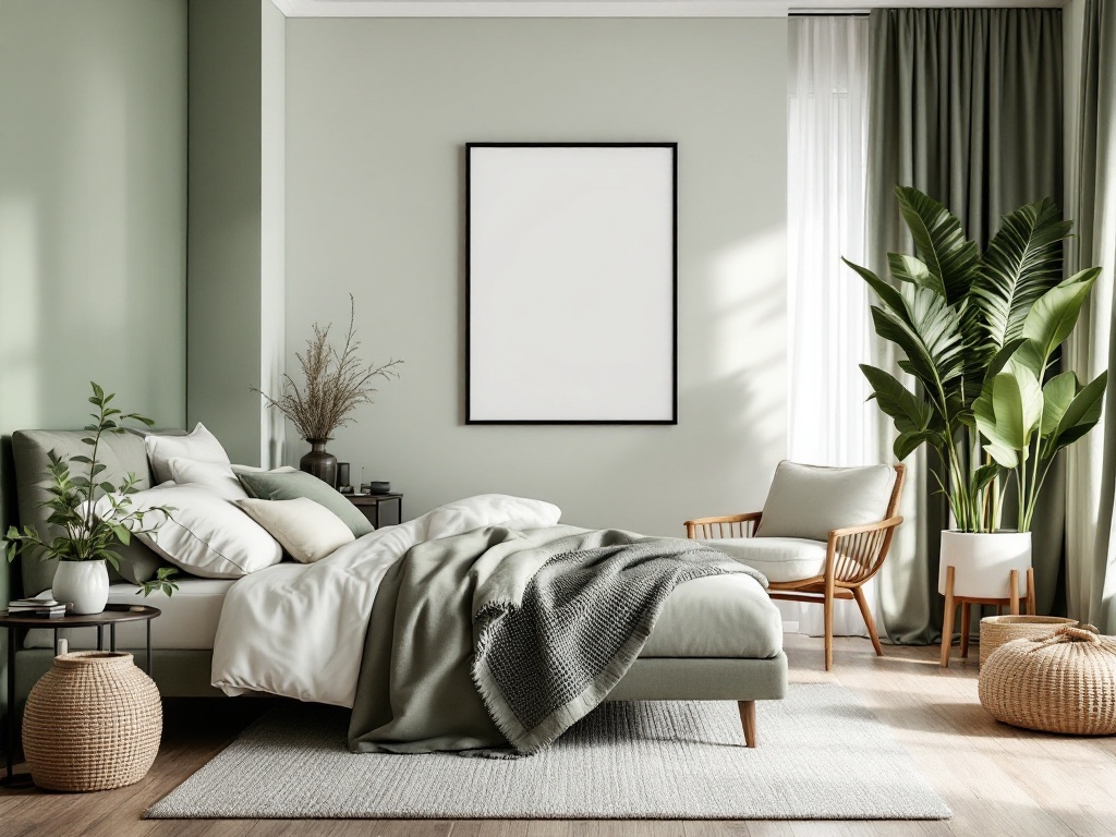 A serene bedroom featuring sage green walls, white bedding, and natural elements.