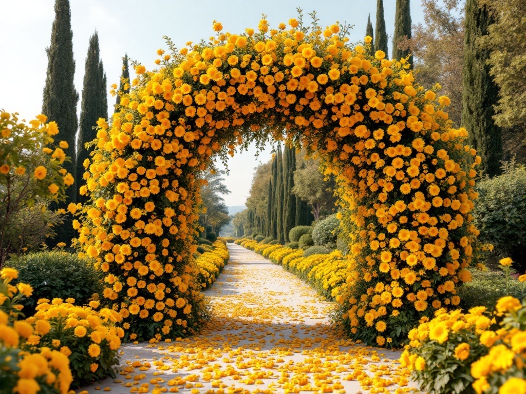 A vibrant yellow floral archway adorned with flowers, leading to a garden path.