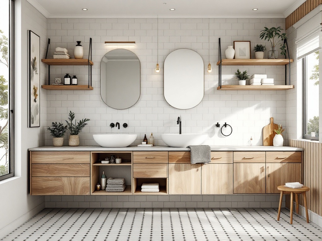 A mid-century modern bathroom featuring natural wood accents in cabinetry and shelves, complemented by sleek fixtures.