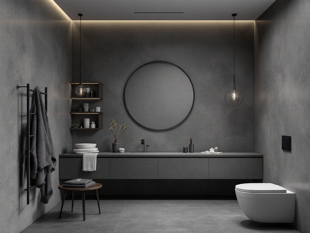 Modern bathroom with grey tones, textured walls, and minimalist design features.
