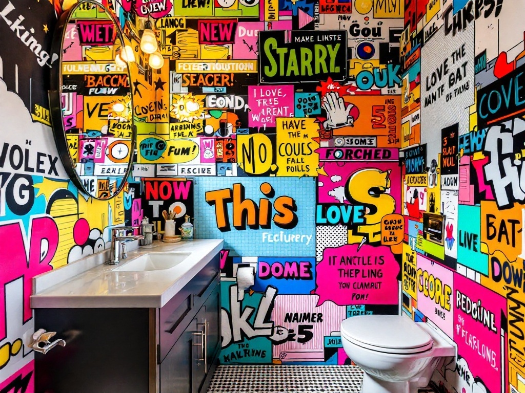 A colorful bathroom with retro pop art wallpaper featuring comic-style graphics and bright text.