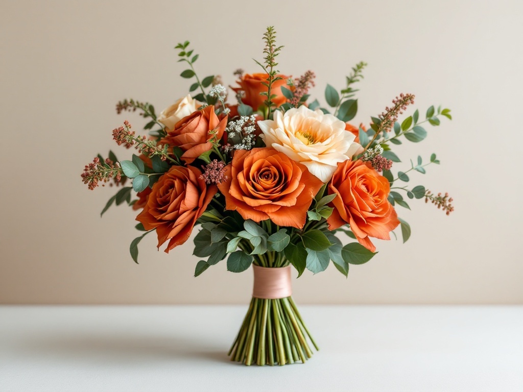 A bridal bouquet featuring orange roses, cream flowers, and greenery, showcasing terracotta accents.