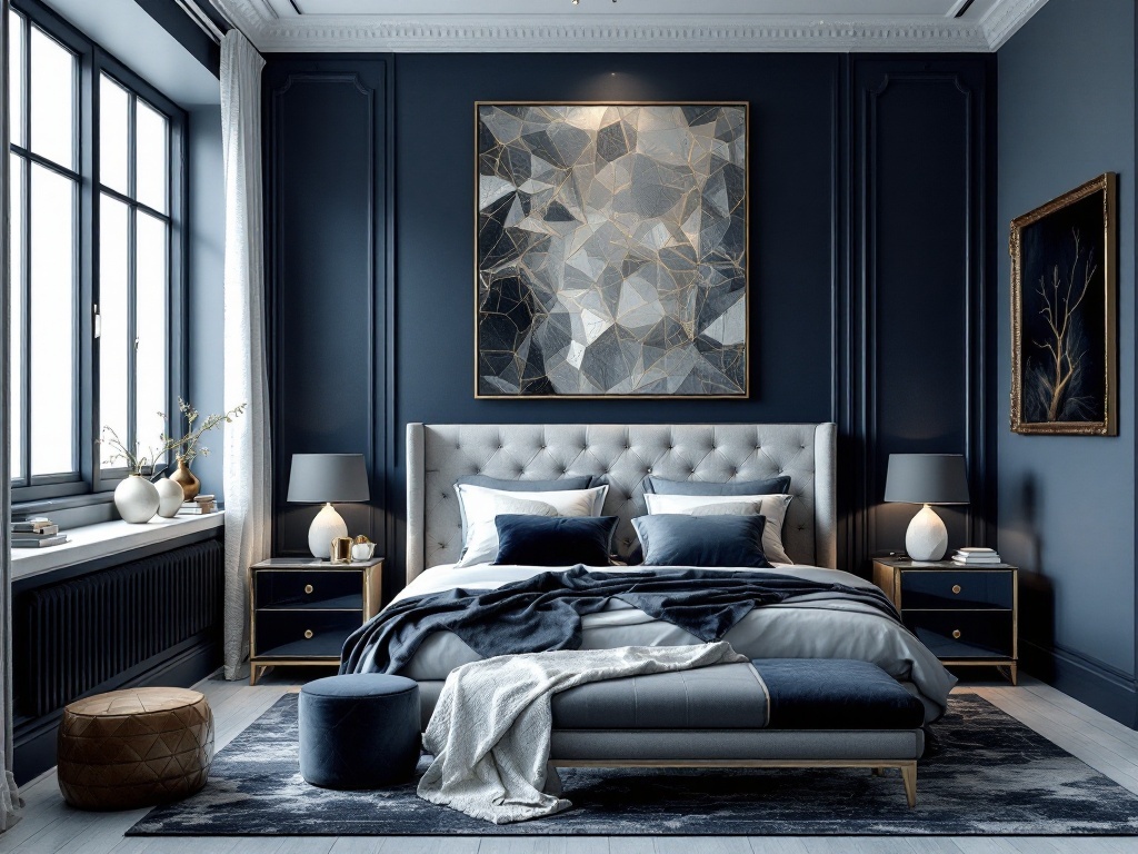 A stylish bedroom featuring navy walls, a tufted bed with blue bedding, and silver accents.
