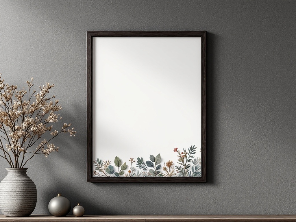 A framed winter botanical wall art piece featuring delicate leaves and flowers on a gray wall, accompanied by a textured vase and decorative orbs.