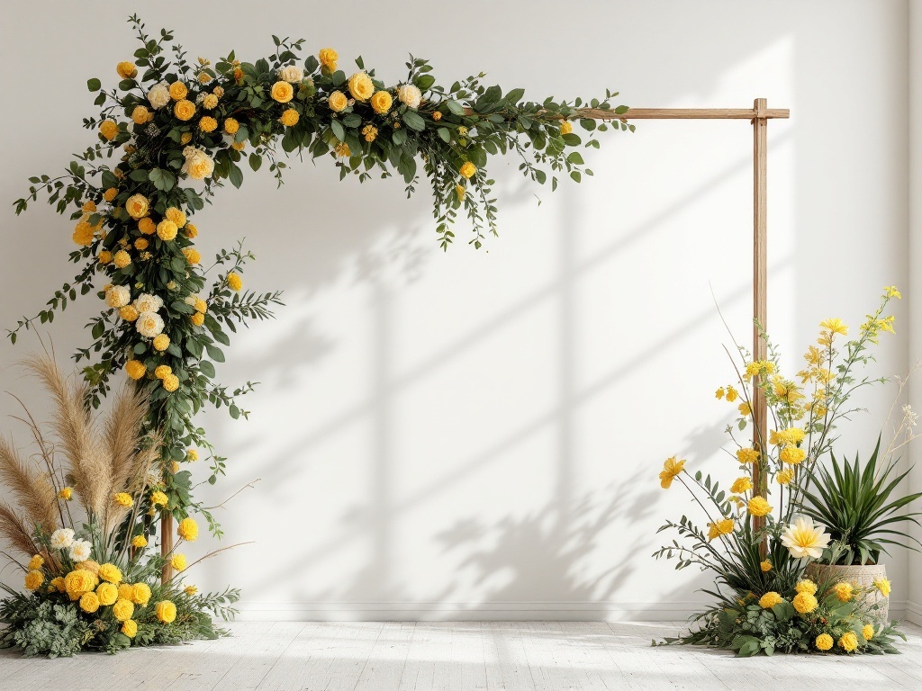 A wooden arch decorated with yellow flowers and greenery, creating a beautiful ceremony backdrop.