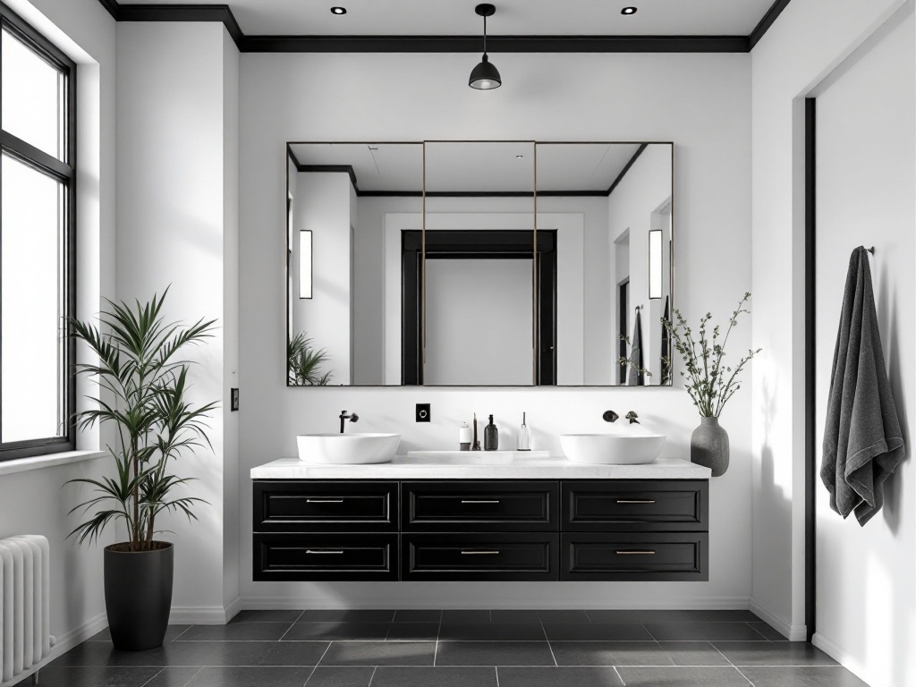 Modern bathroom featuring contrasting black and white elements with sleek design.
