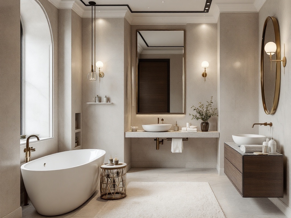 A luxurious bathroom featuring a freestanding tub, double sinks, and elegant gold fixtures.