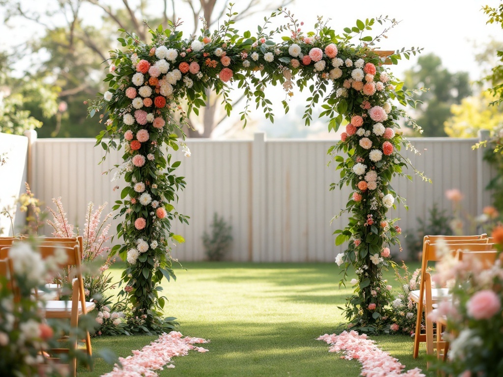 A floral wedding arch decorated with pink and white flowers, set in a backyard with chairs arranged for a ceremony.