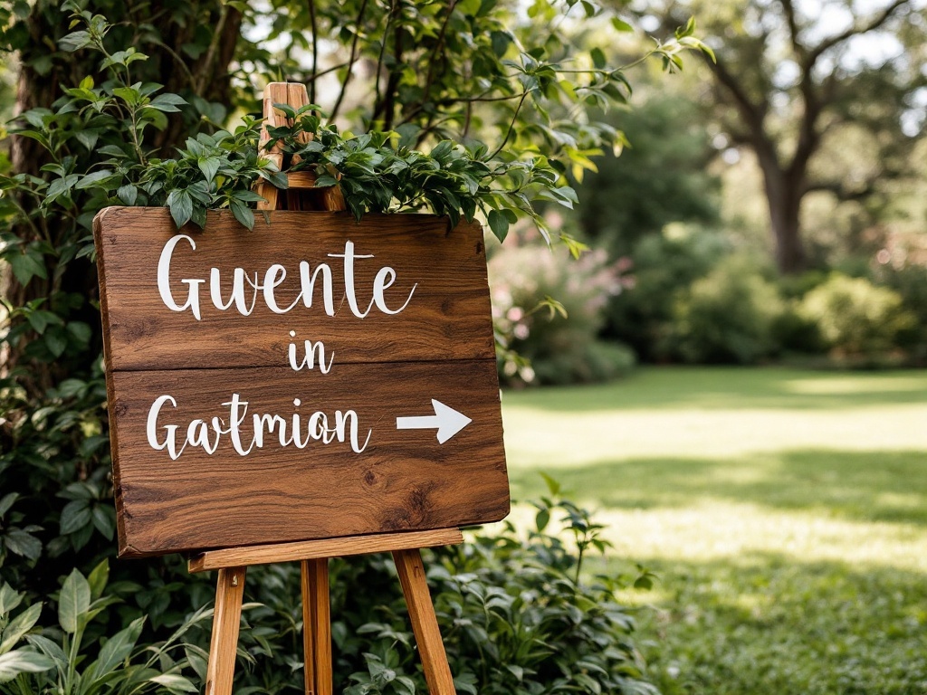 Wooden directional sign for a wedding in a garden setting