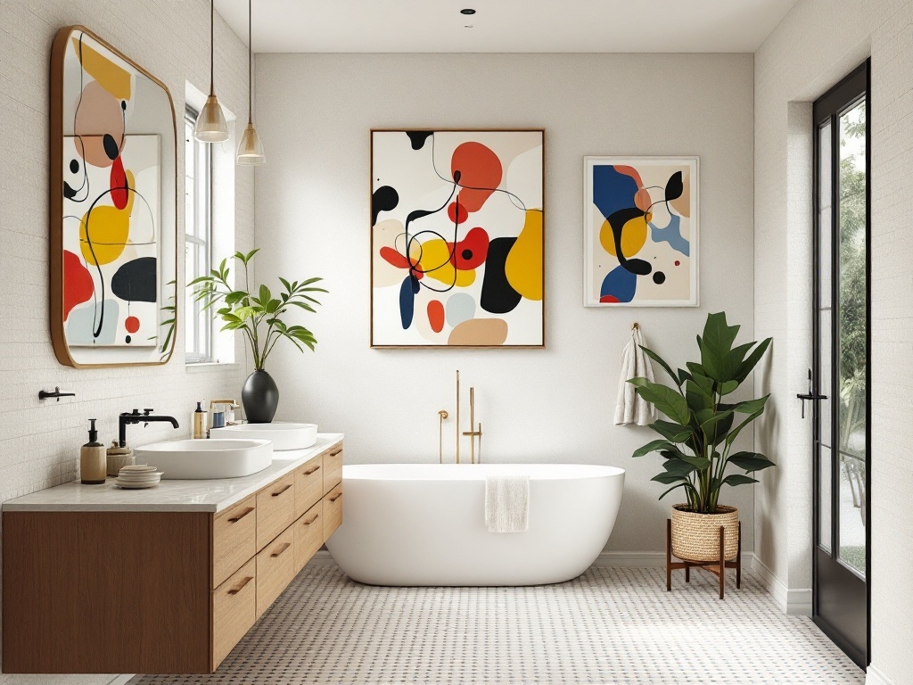 A modern bathroom featuring bold abstract artwork on the walls, a freestanding bathtub, and a stylish vanity.