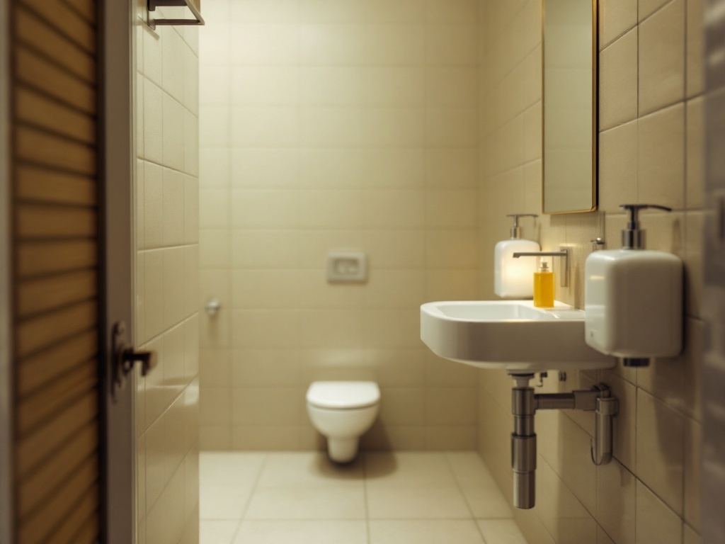 A narrow bathroom featuring a wall-mounted sink, soap dispensers, and a mirror.
