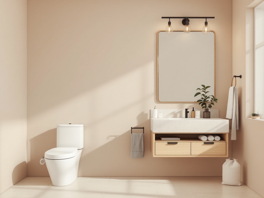 A modern bathroom featuring neutral tones, a stylish sink, wooden accents, and a large mirror.