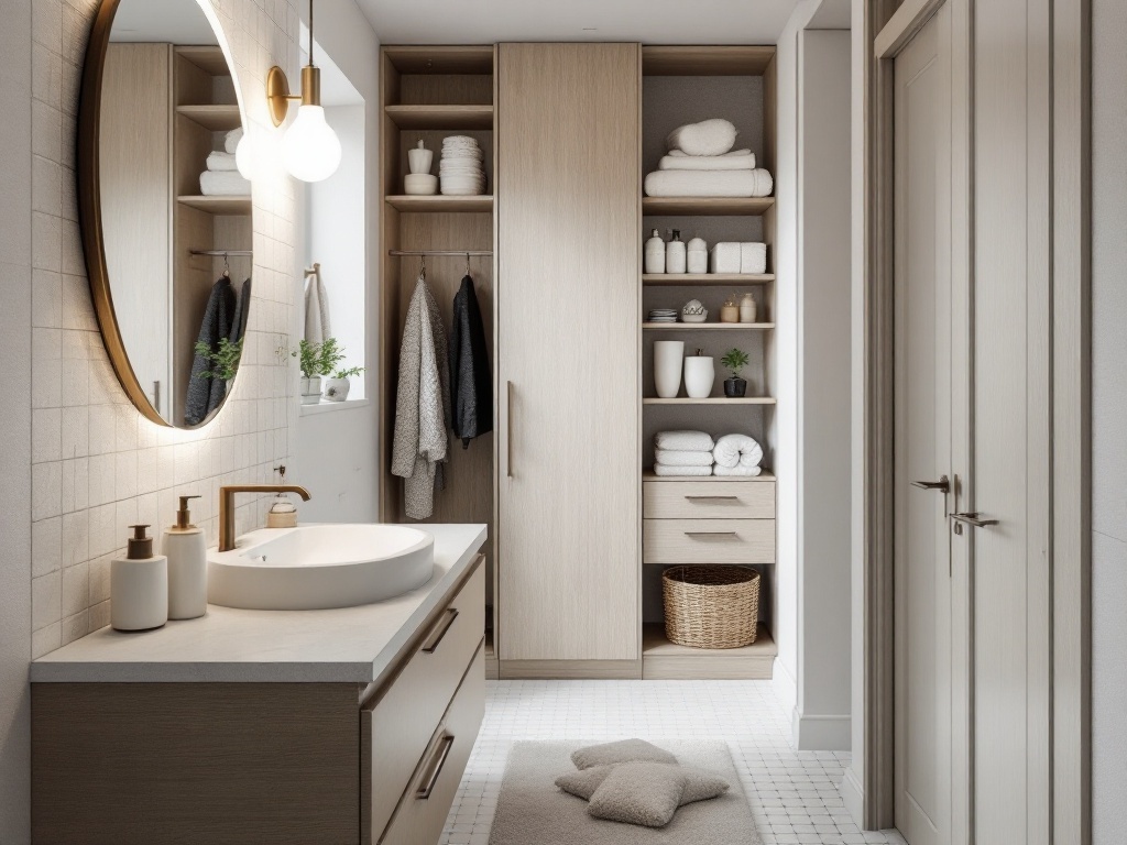 A narrow bathroom featuring customized storage solutions, including a tall cabinet, open shelves, and a round mirror.