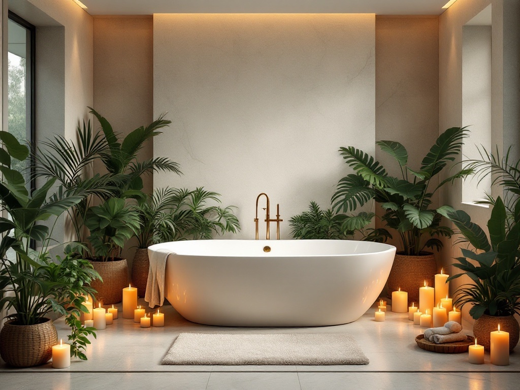 A luxurious bathroom featuring a soaking tub surrounded by plants and candles.