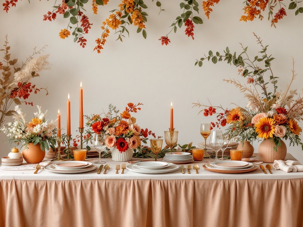 A beautifully arranged terracotta-themed bridal shower table with flowers, candles, and elegant tableware.