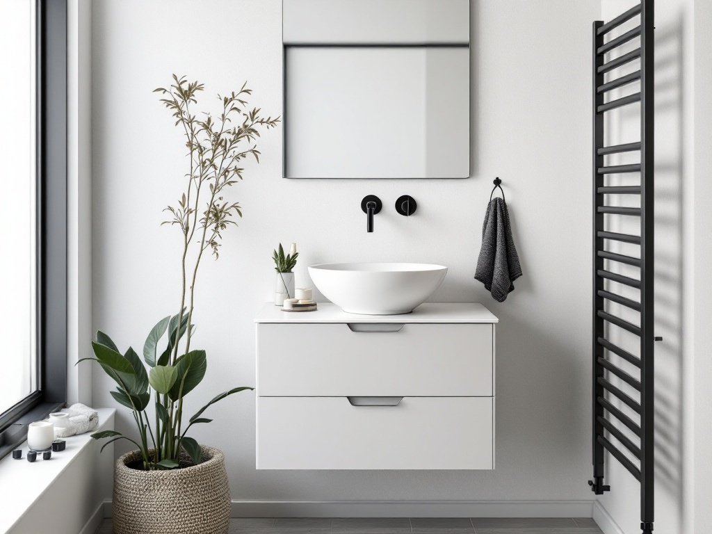 A modern compact vanity in a narrow bathroom with a round basin, storage drawers, and plants.