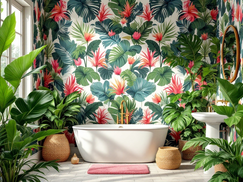 A bathroom with tropical wallpaper featuring green leaves and pink flowers, a white bathtub, and plants.
