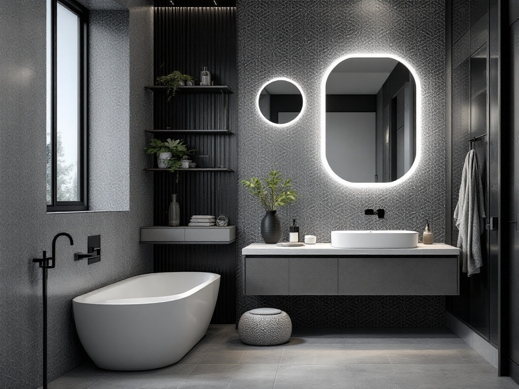 Modern bathroom with bright geometric wallpaper, sleek fixtures, and minimalist decor.