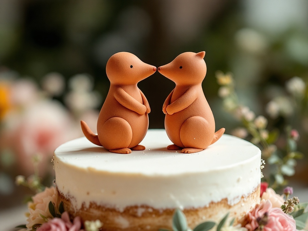 Two terracotta animal figures on top of a wedding cake, leaning in for a kiss.