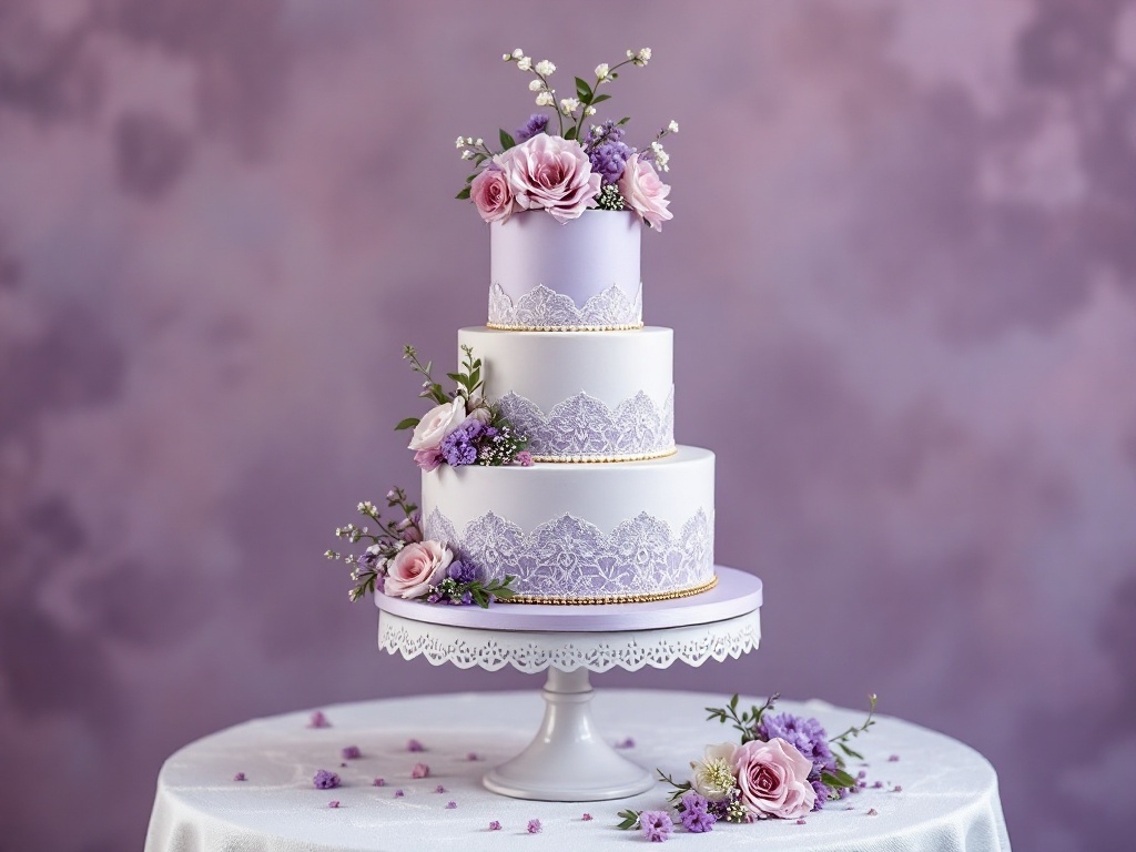 A three-tiered lavender wedding cake decorated with lace and flowers on a white table.