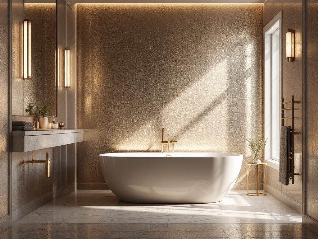 A luxurious bathroom featuring metallic accents, a freestanding bathtub, and elegant lighting.