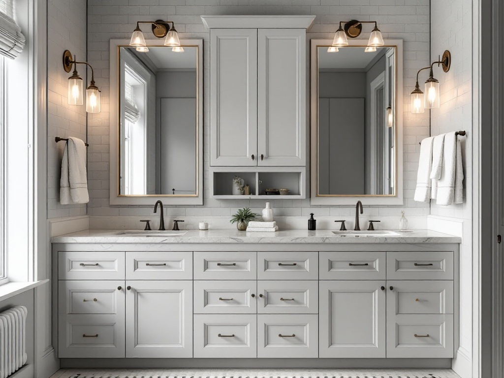A modern bathroom featuring gray cabinetry, white marble countertop, and matte black fixtures.