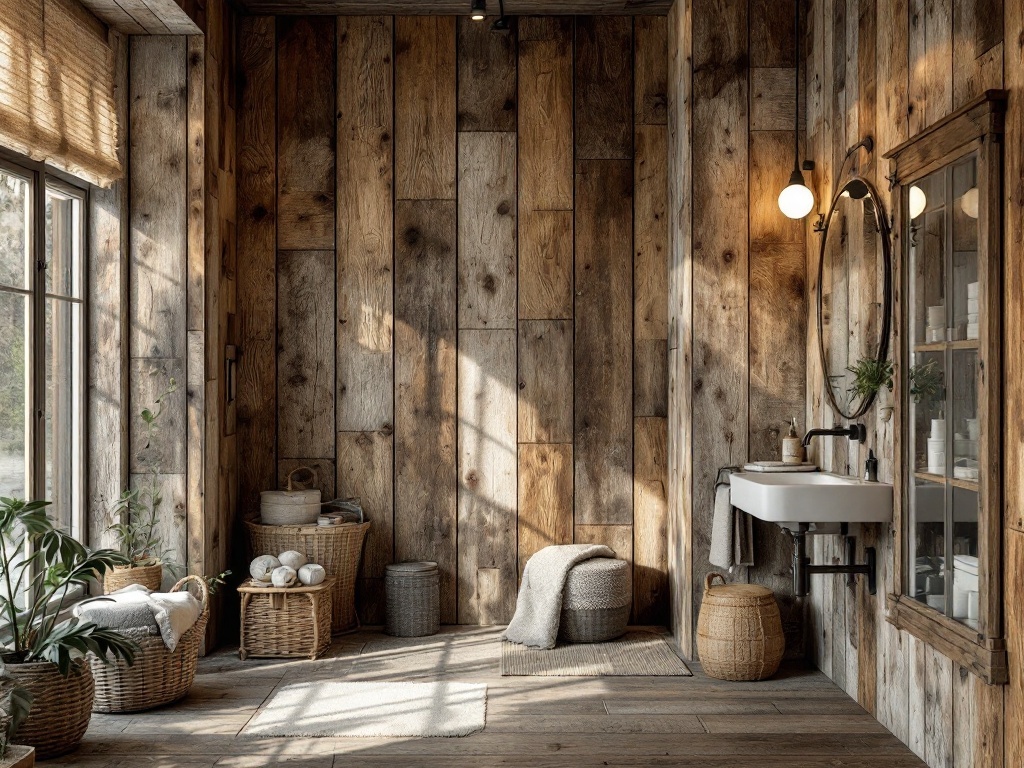 A cozy bathroom featuring rustic wood paneling, large windows, and natural decor elements.