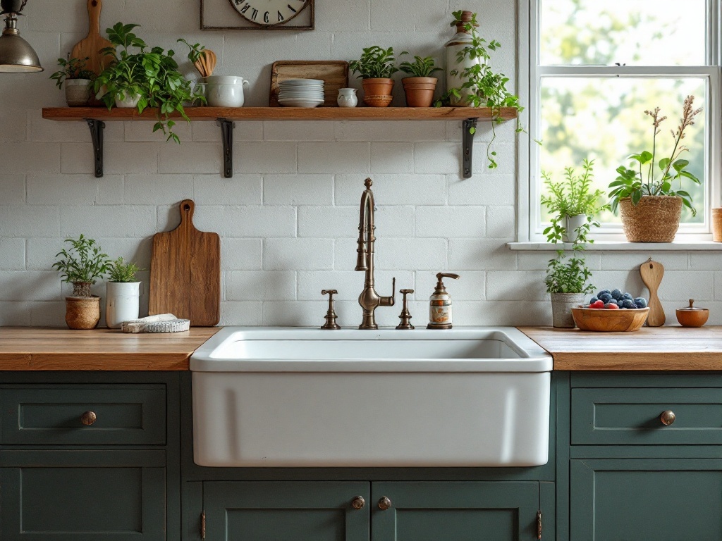 A vintage farmhouse sink with a stylish faucet, surrounded by plants and wooden countertops in a rustic kitchen.