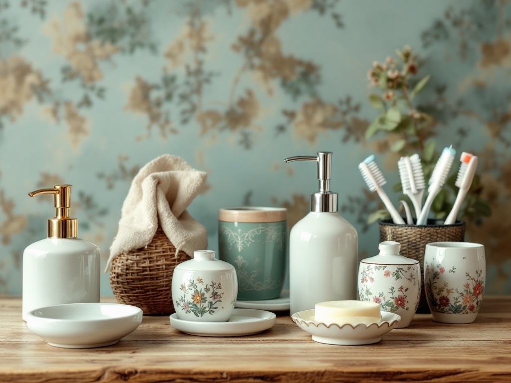 A collection of vintage-inspired bathroom accessories on a wooden surface, featuring floral patterns and soft colors.