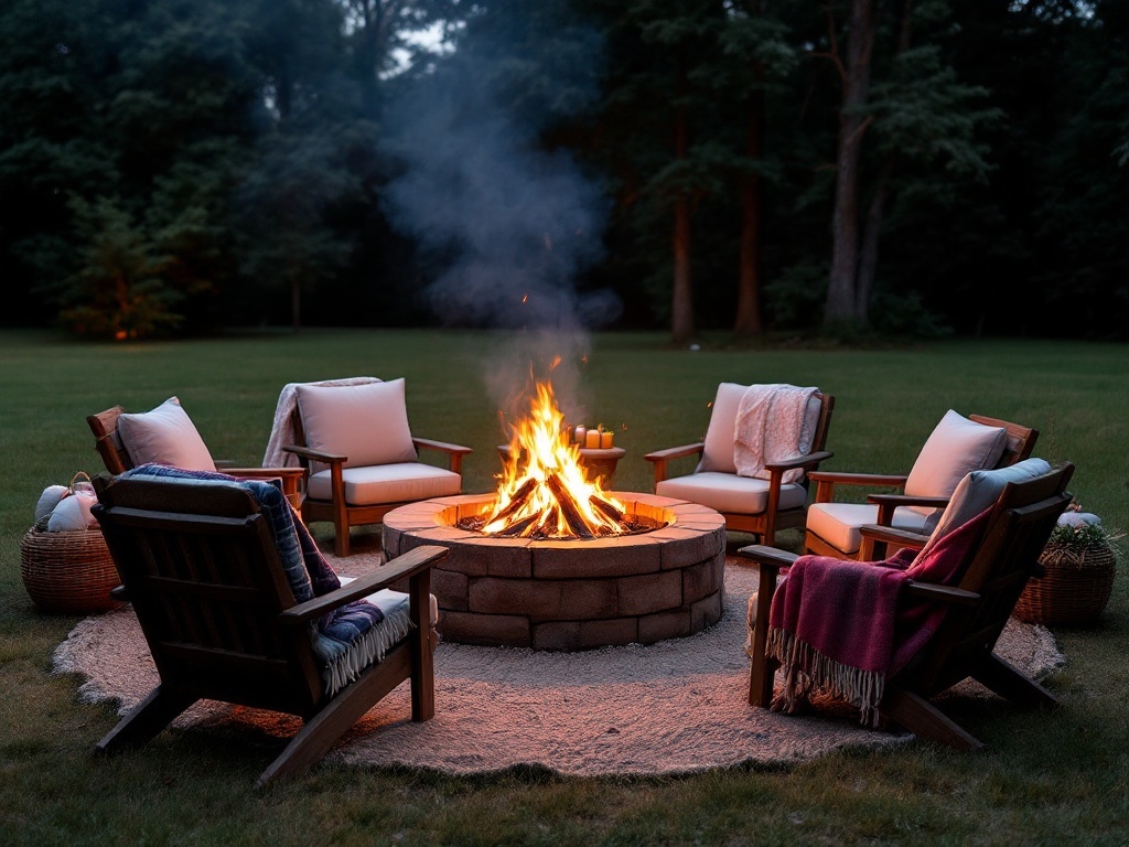 Cozy fire pit lounge area with wooden chairs and a warm fire surrounded by a grassy field.