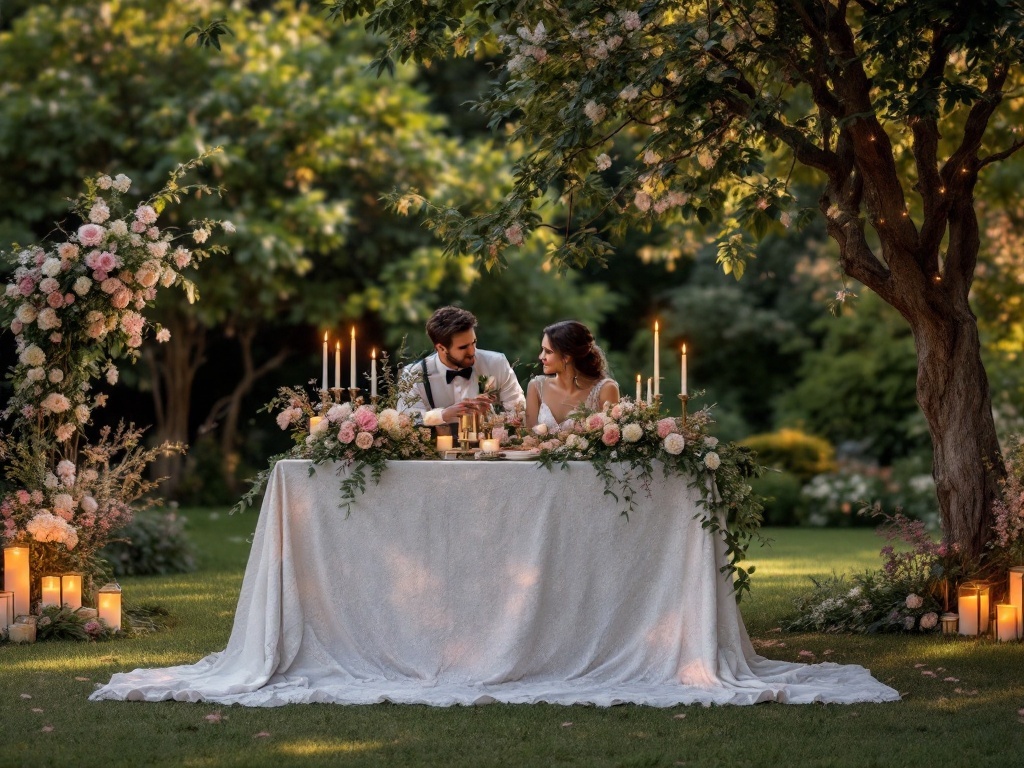 A couple at a beautifully decorated sweetheart table in a garden setting, surrounded by flowers and candles.