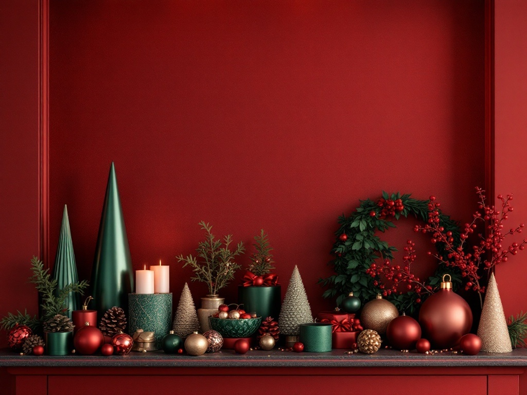 A festive holiday decor arrangement featuring moody jewel tones with red and green elements, candles, and ornaments.