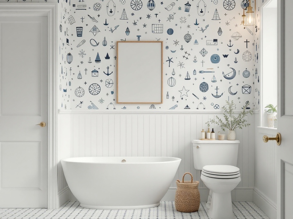 A bathroom with nautical-themed wallpaper featuring anchors, sailboats, and stars in blue tones.