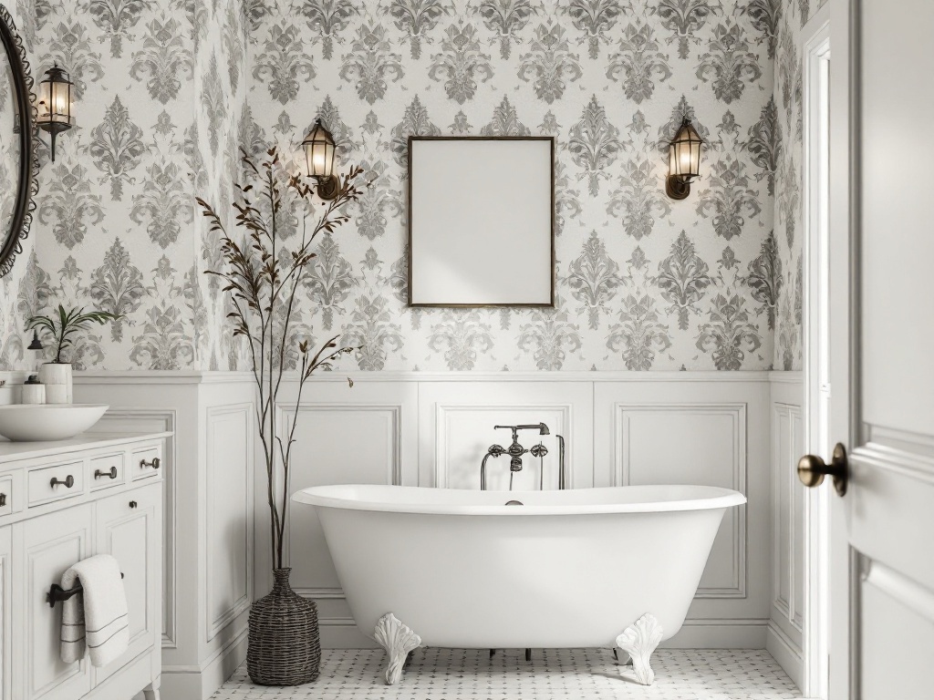 A stylish bathroom featuring classic damask wallpaper in gray tones, a white freestanding bathtub, and vintage lighting.