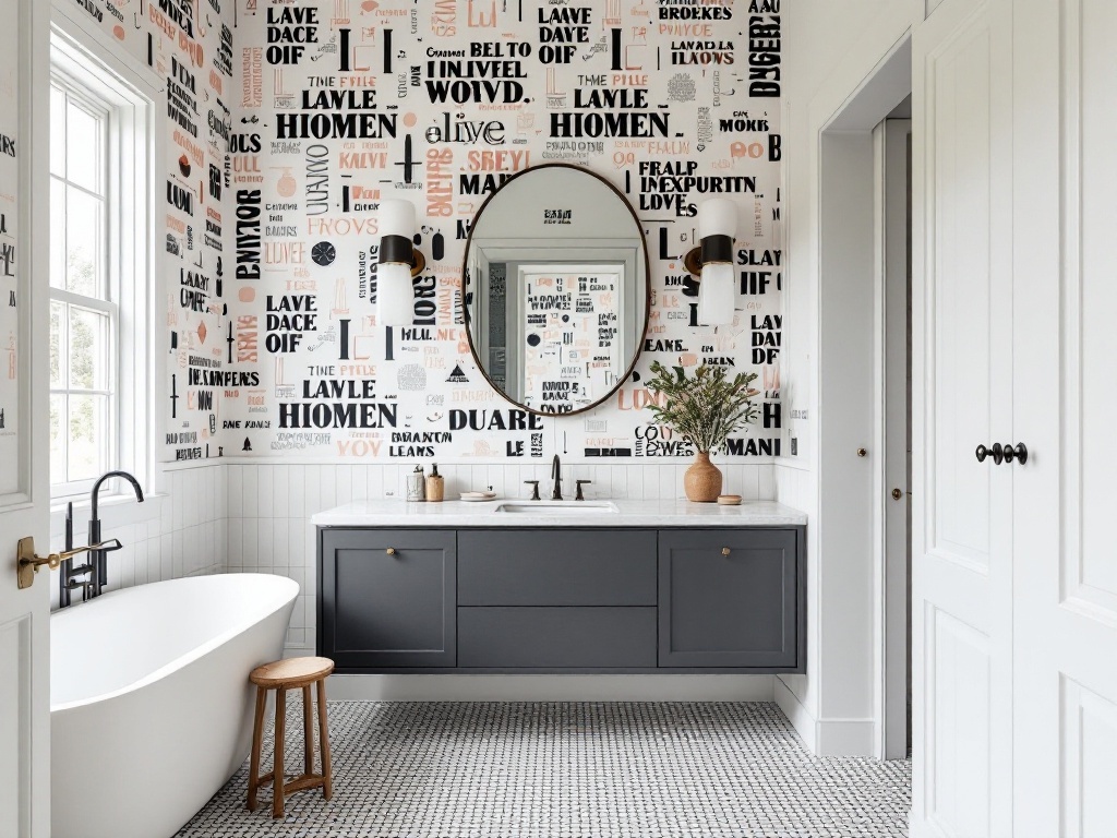 A stylish bathroom featuring bold graphic wallpaper with typography, a round mirror, and modern fixtures.