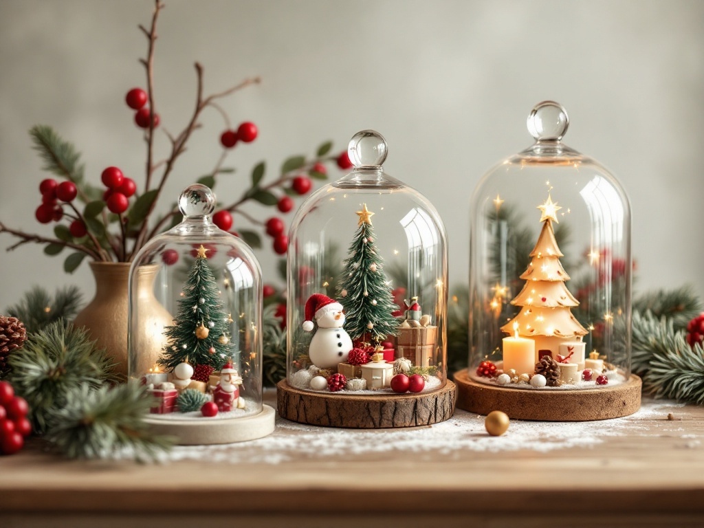 Three glass cloches displaying festive Christmas scenes with trees, a snowman, and a wooden tree.