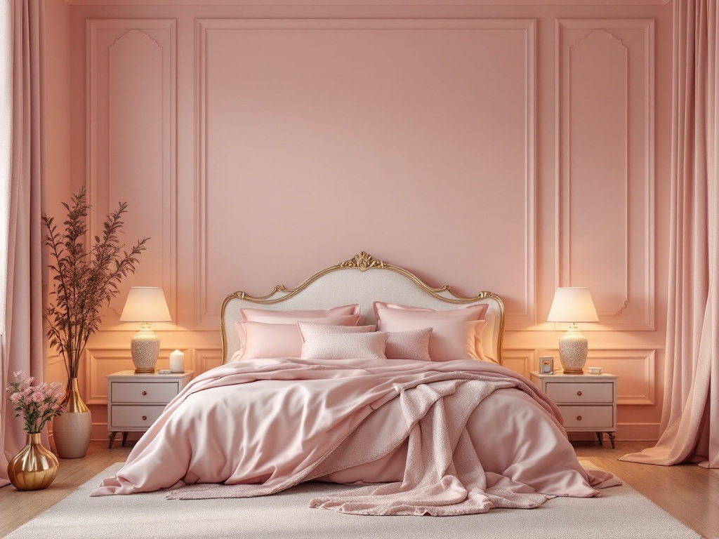 A cozy bedroom featuring blush pink walls, a plush bed with gold accents, and soft lighting.