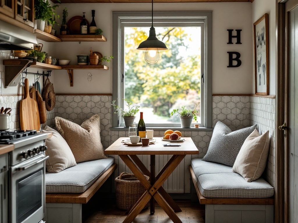 A cozy breakfast nook with a wooden table, comfortable seating, and natural light.