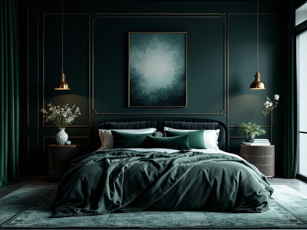 A luxurious bedroom featuring rich jewel tones with dark green walls, a plush bedspread, and warm pendant lighting.