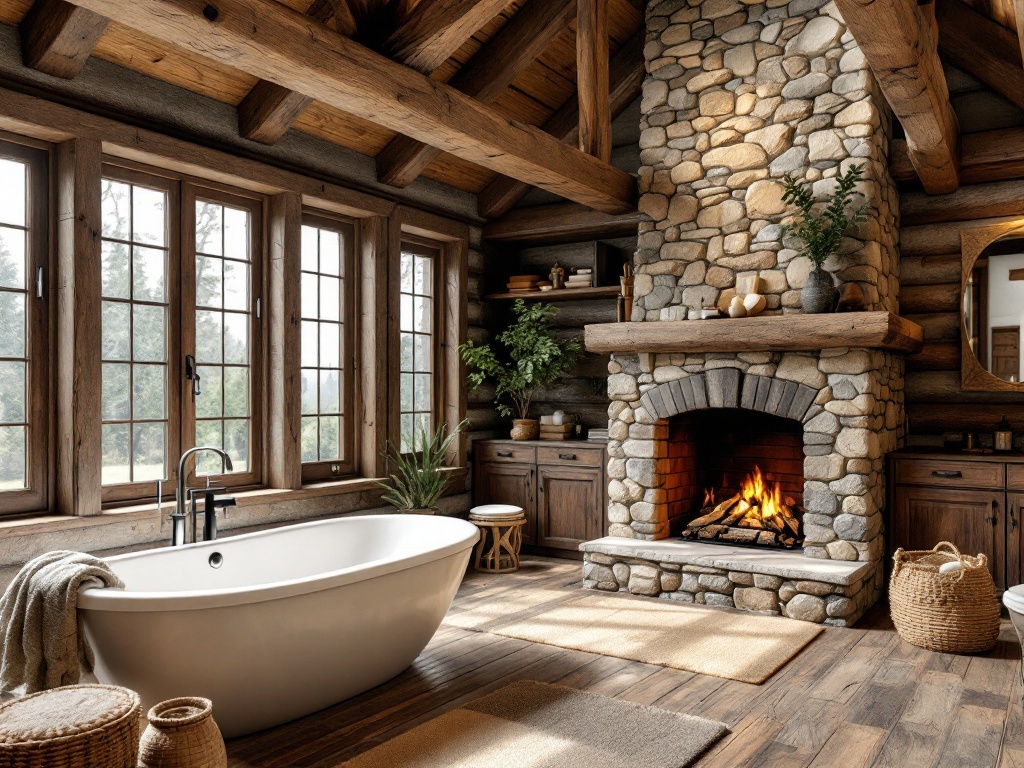 A rustic bathroom featuring a stone fireplace, freestanding tub, wooden beams, and large windows.