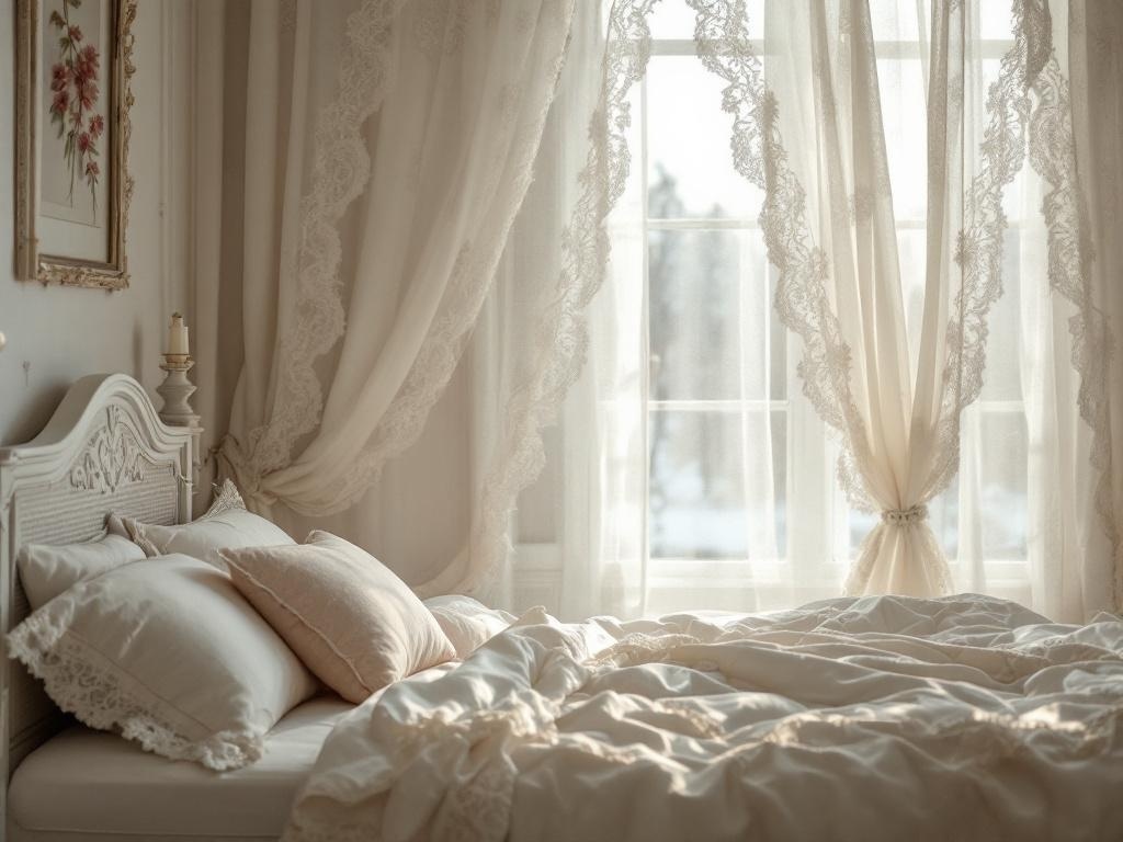 A cozy bedroom featuring vintage lace curtains and bedding, creating a warm and inviting atmosphere.