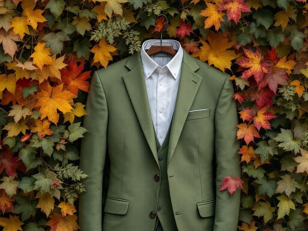 Sage green suit hanging against a backdrop of autumn leaves.
