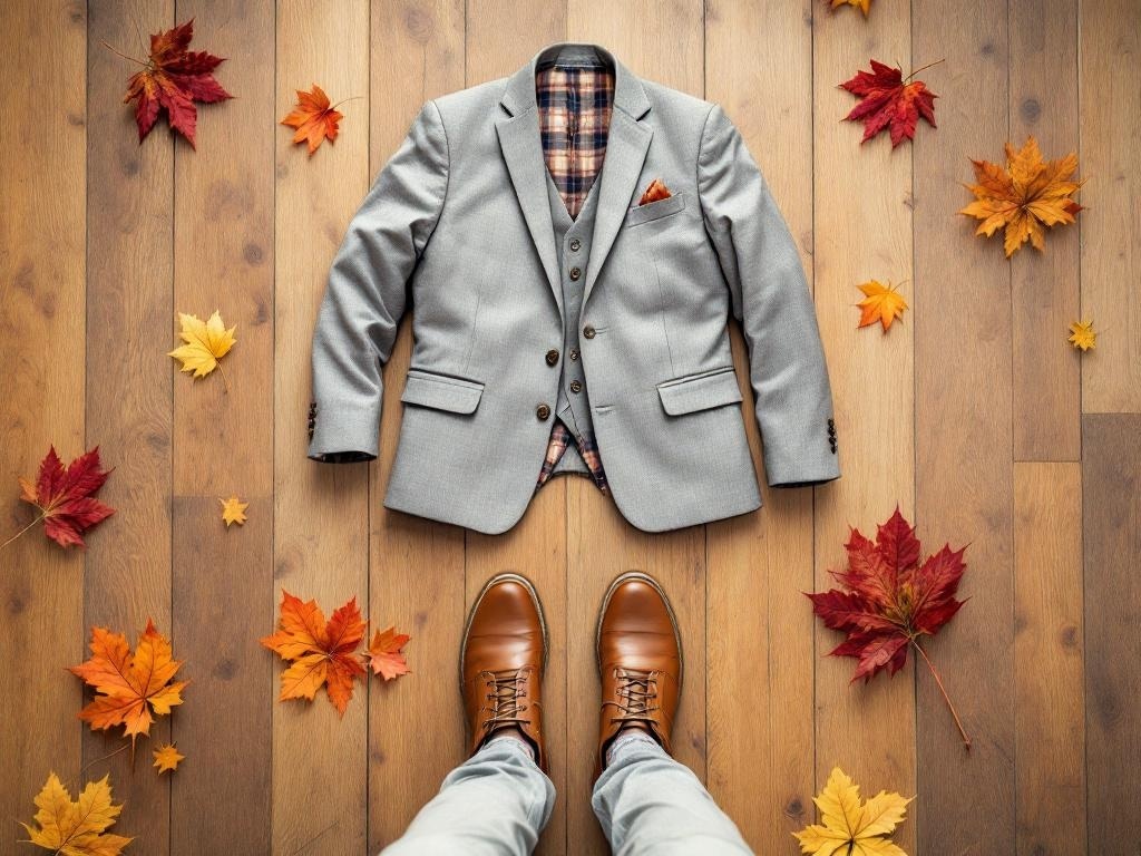 A light gray suit laid out on wooden floor with autumn leaves and brown shoes.