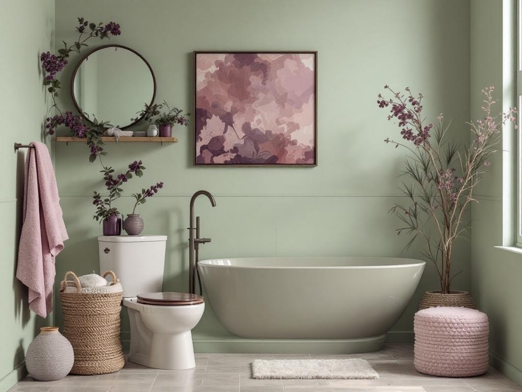 A bathroom featuring soft sage green walls, a plum color palette, and decorative elements like plants and art.