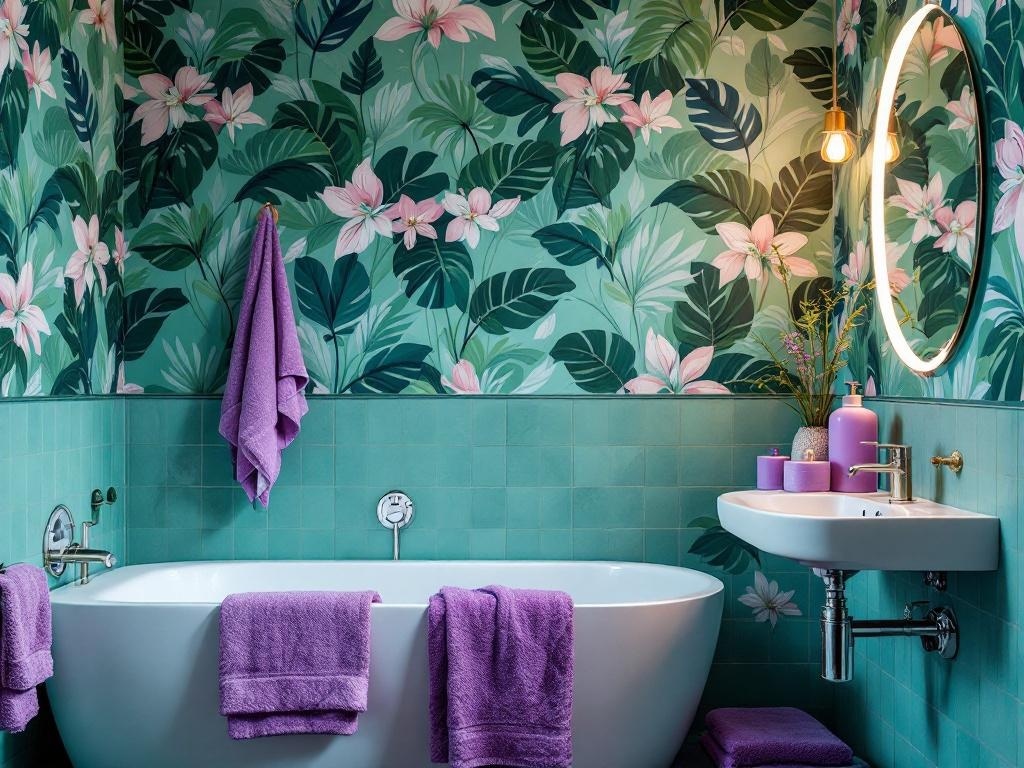 A bathroom featuring botanical green wallpaper with purple accents, showcasing a freestanding tub and modern decor.