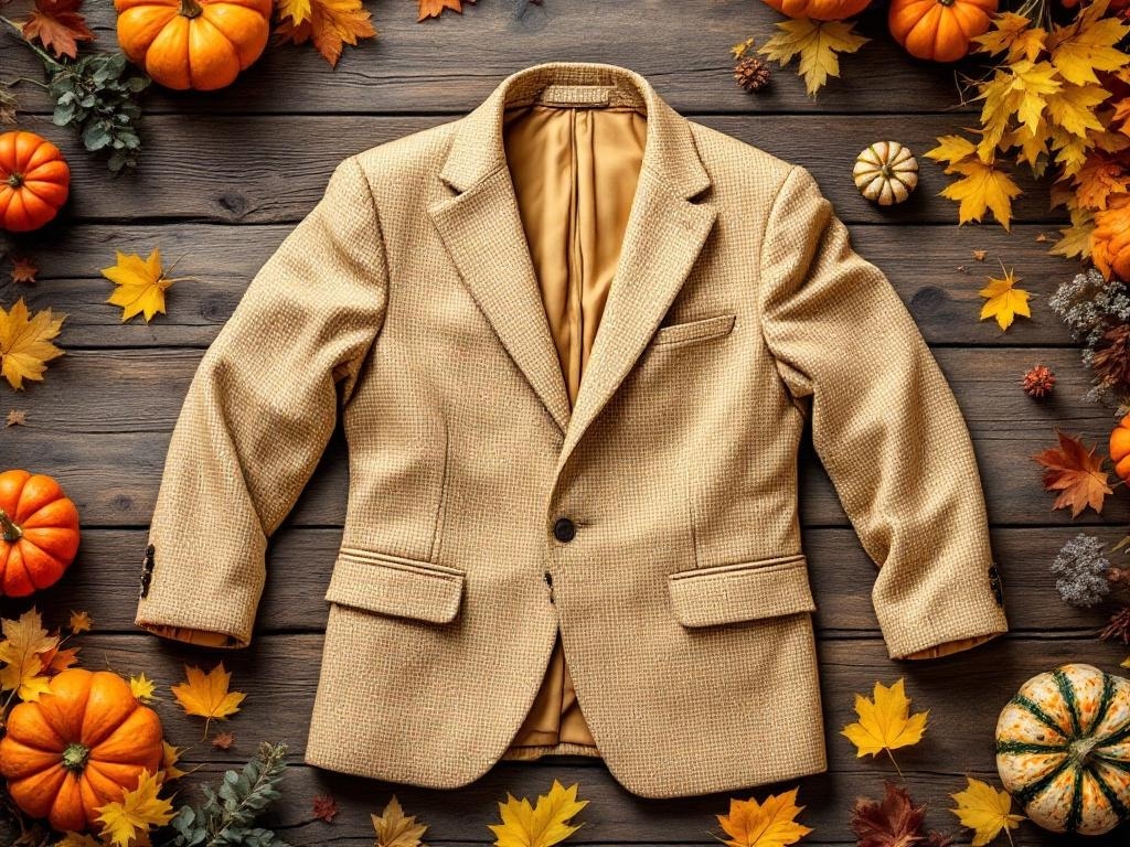 Earthy brown tweed suit laid out with autumn leaves and pumpkins