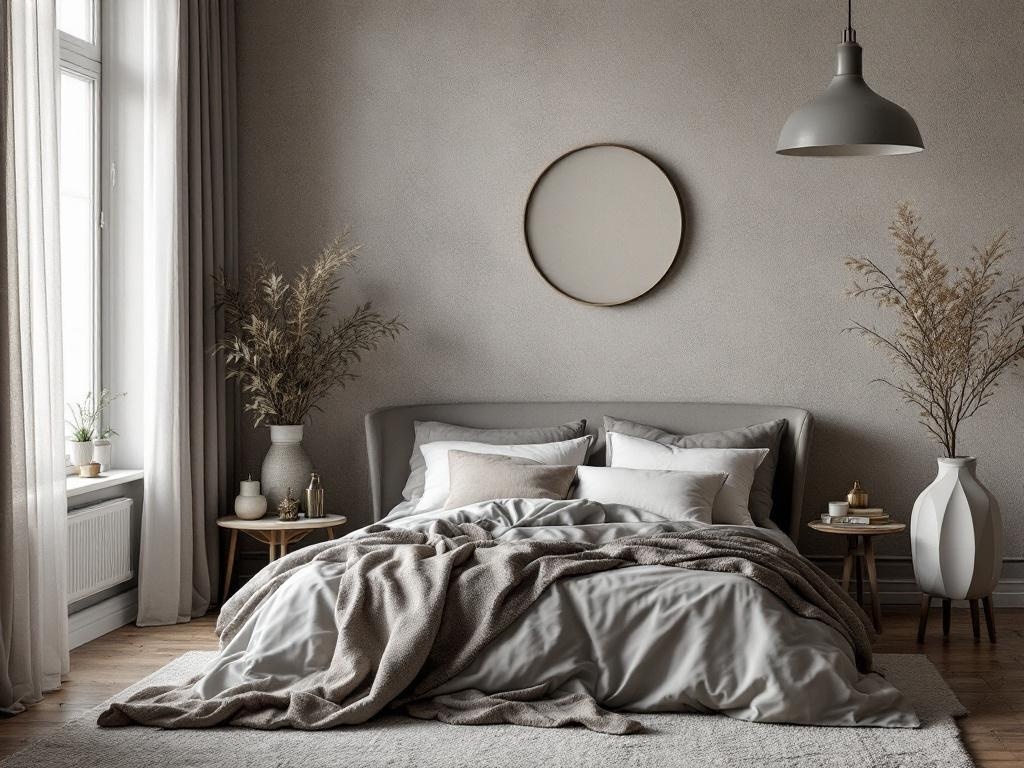 A cozy French country bedroom featuring subtle textured wallpaper, soft bedding, and natural decor.