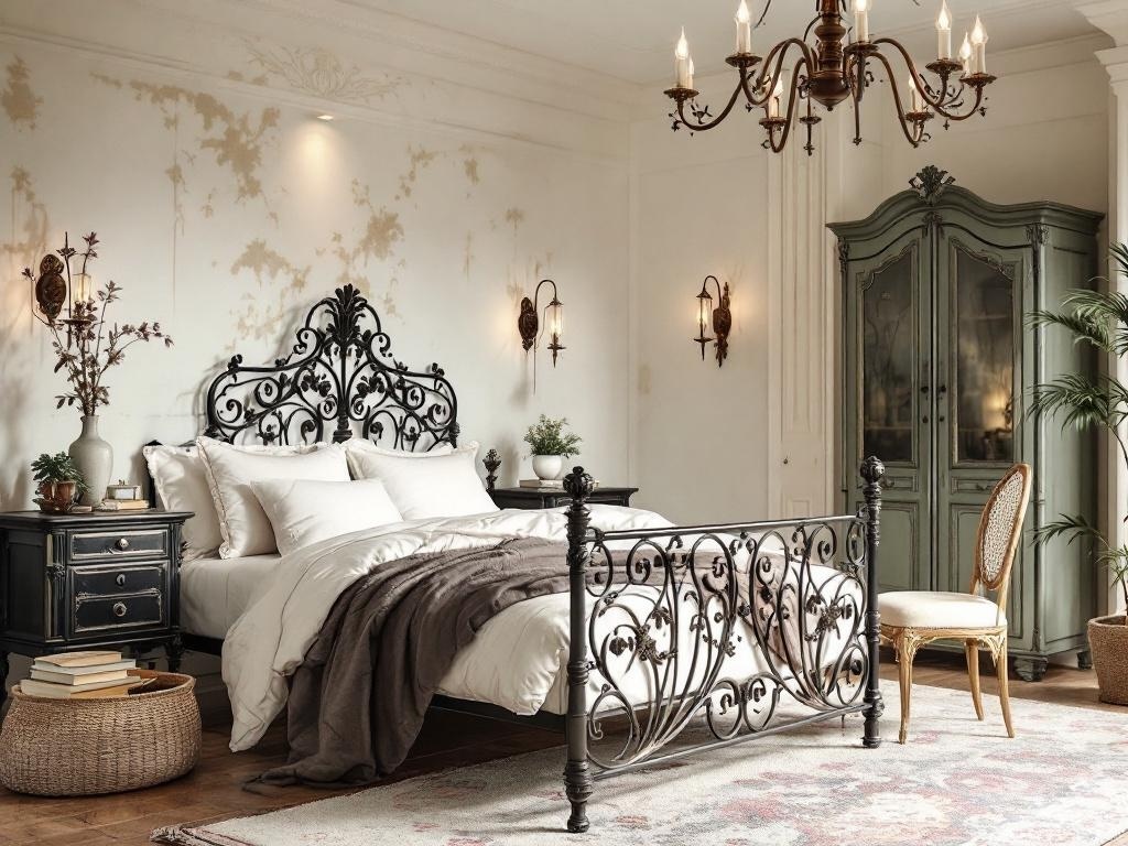 A beautifully designed bedroom featuring a decorative wrought iron bed with intricate patterns, soft white bedding, and elegant decor elements.